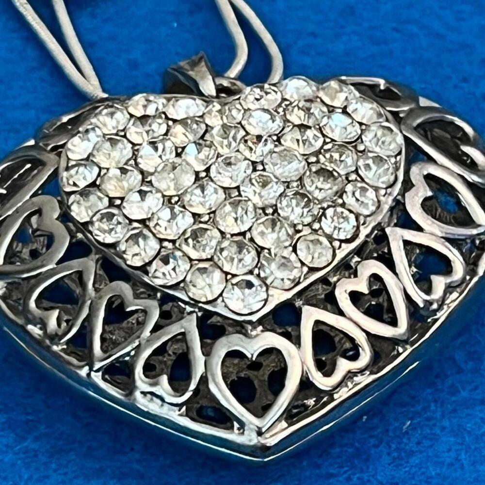 Hugh Reversible Silvertone Heart with Round Crystals and Double Chain